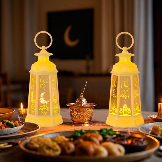 Ramadan Laterne 2 Stück Ramadan Laterne mit Warmweiß LED-Licht Ramadan Mubarak Dekoration, Mondschloss Laterne, Eid Mubarak Laterne, Ramadan Tischdekoration für Muslimische Festivals, Dekoration (Weiß