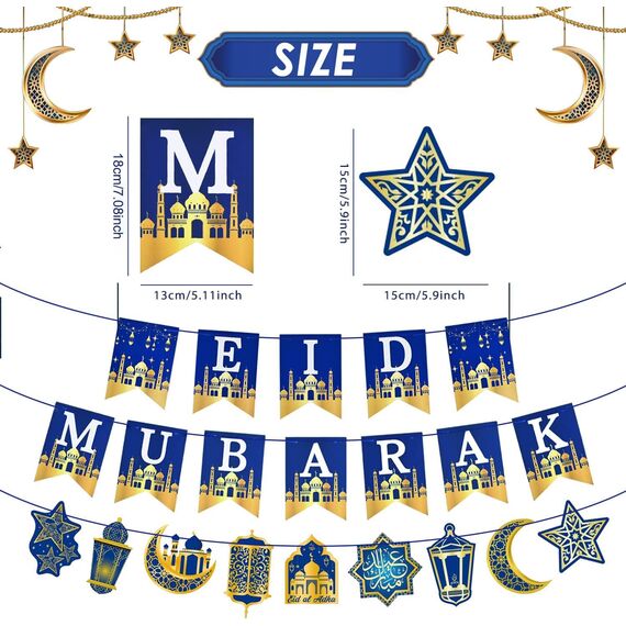 AhfuLife Eid Mubarak Dekoration, Eid Deko - Vormontiert Eid Mubarak Banner Stern Mond Laterne Girlande für Muslimische Umrah Mubarak Eid Al Fitr Festival Party Deko