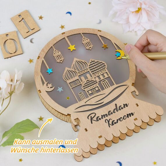 Giftota Ramadan Deko Lampe, Ramadan Dekoration aus Holz, 3D Mond Stern Eid Mubarak Dekoration, Islam Deko, Ramadan Mubarak Dekoration Geschenke