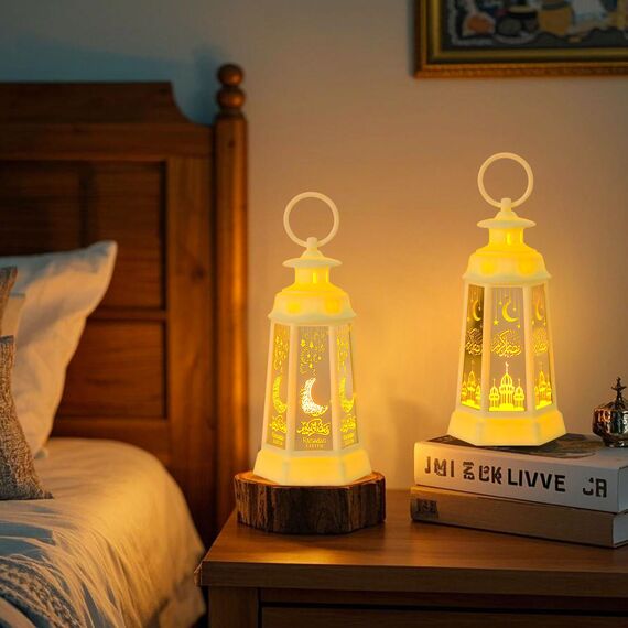 Ramadan Laterne 2 Stück Ramadan Laterne mit Warmweiß LED-Licht Ramadan Mubarak Dekoration, Mondschloss Laterne, Eid Mubarak Laterne, Ramadan Tischdekoration für Muslimische Festivals, Dekoration (Weiß