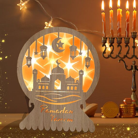 Ramadan Dekorative Halbmond Holz LED Lampe Eid Mubarak Dekorative Ramadan Laterne Batteriebetrieben Innen Tischdekoration für Schlafzimmer Balkon
