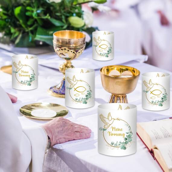 12 Windlicht Tischdeko, Meine Firmung Deko Eukalyptus Grün, Firmung Deko Junge Mädchen Geschenke Gastgeschenke, für Teelichter oder Kerzen