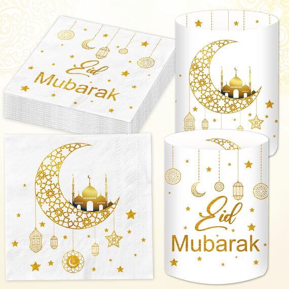 20 Stück Ramadan Servietten + 12 Stück Windlicht Tischdeko, Ramadan Deko Tisch Set Gold, Eid Umrah Hajj Mubarak Dekoration, Bayram Islam Deko Kinder Stern Mond Zubehör, Islamische Ramadan Geschenke