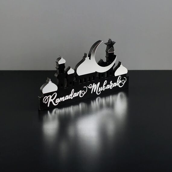 iwa concept Islamische Tischdekorationen aus Holz mit Acryl, Ramadan-Kareem-und Eid-Mubarak-Dekoration, islamisch muslimische Geschenke, Ramadan Mubarak, Silber