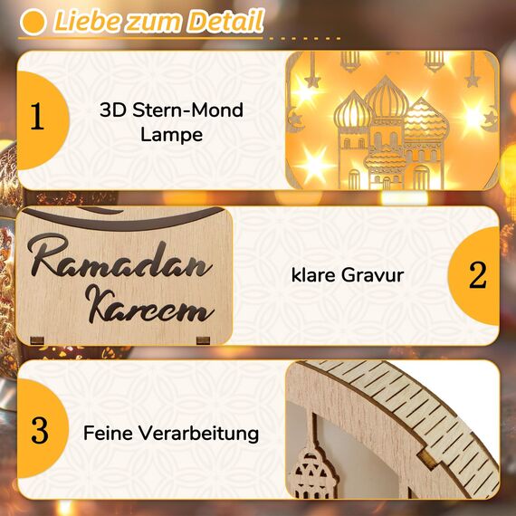 Giftota Ramadan Deko Lampe, Ramadan Dekoration aus Holz, 3D Mond Stern Eid Mubarak Dekoration, Islam Deko, Ramadan Mubarak Dekoration Geschenke