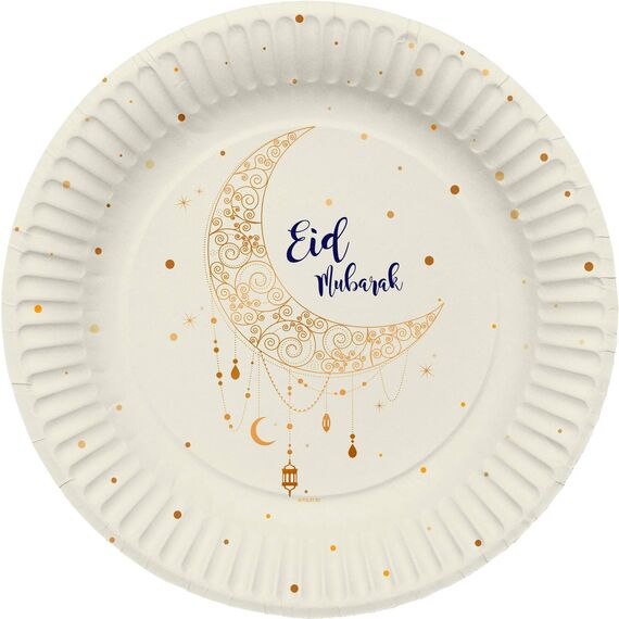 Eid Mubarak Ramadan Dekoration - Teller Papier Gold Weiß 26 cm 8 Stück - Eid Deko Stern Mond Zubehör Ramadan