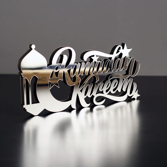 iwa concept Islamische Tischdekorationen aus Holz und Acryl, Ramadan-Kareem- und Eid-Mubarak-Dekoration, islamische muslimische Geschenke, Ramadan-Eid-Dekoration, (Ramadan Kareem-4, Silber)