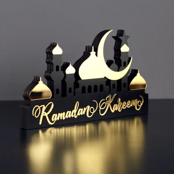 iwa concept Islamische Tischdekorationen aus Holz mit Acryl, Ramadan-Kareem-und Eid-Mubarak-Dekoration, islamisch muslimische Geschenke, Ramadan Kareem-5, Gold