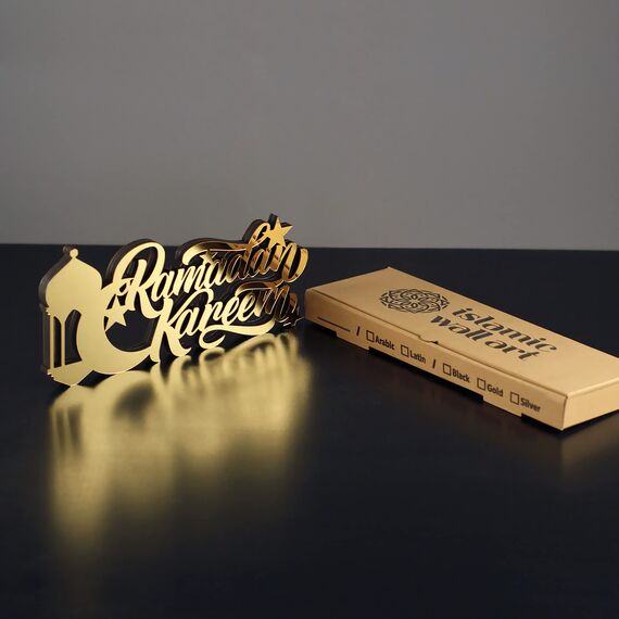 iwa concept Islamische Tischdekorationen aus Holz mit Acryl, Ramadan-Kareem-und Eid-Mubarak-Dekoration, islamisch muslimische Geschenke, Ramadan Kareem-4, Gold