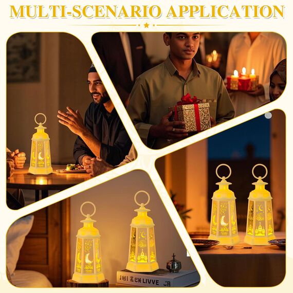 Ramadan Laterne 2 Stück Ramadan Laterne mit Warmweiß LED-Licht Ramadan Mubarak Dekoration, Mondschloss Laterne, Eid Mubarak Laterne, Ramadan Tischdekoration für Muslimische Festivals, Dekoration (Weiß