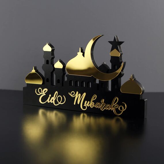 iwa concept Islamische Tischdekorationen aus Holz mit Acryl, Ramadan-Kareem-und Eid-Mubarak-Dekoration, islamisch muslimische Geschenke, Eid Mubarak-5, Gold