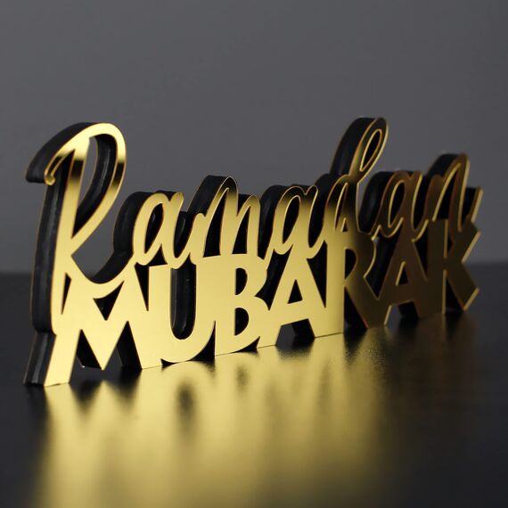 iwa concept Islamische Tischdekorationen aus Holz mit Acryl, Ramadan-Kareem-und Eid-Mubarak-Dekoration, islamisch muslimische Geschenke, Ramadan Mubarak-2, Gold