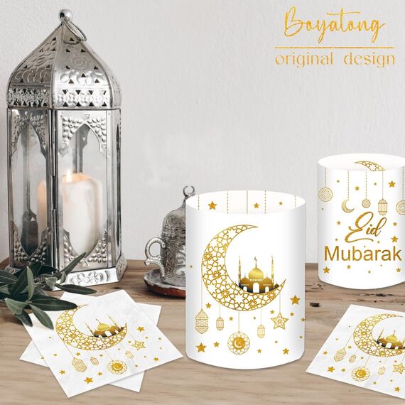20 Stück Ramadan Servietten + 12 Stück Windlicht Tischdeko, Ramadan Deko Tisch Set Gold, Eid Umrah Hajj Mubarak Dekoration, Bayram Islam Deko Kinder Stern Mond Zubehör, Islamische Ramadan Geschenke