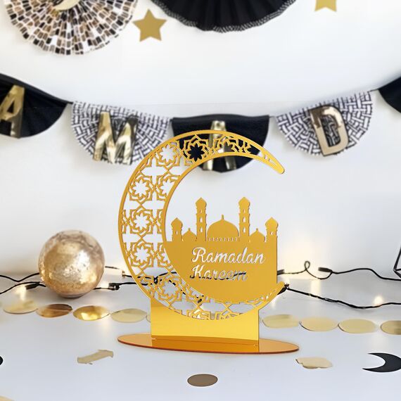 COLOFALLA Ramadan Tischdeko Eid Mubarak Tischdeko Gold Schild Mond Ramadan Deko Tisch Ramadan Aufsteller Mond Moschee für Eid Islamische Party