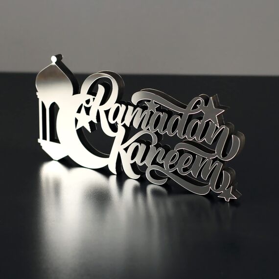 iwa concept Islamische Tischdekorationen aus Holz und Acryl, Ramadan-Kareem- und Eid-Mubarak-Dekoration, islamische muslimische Geschenke, Ramadan-Eid-Dekoration, (Ramadan Kareem-4, Silber)