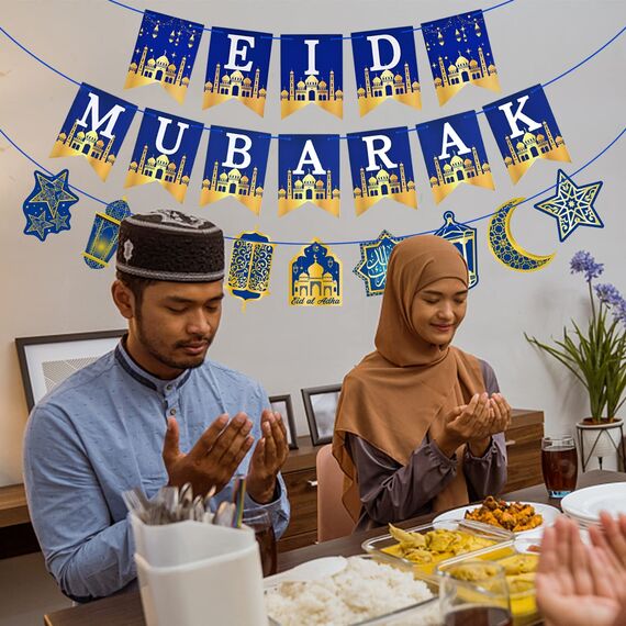 AhfuLife Eid Mubarak Dekoration, Eid Deko - Vormontiert Eid Mubarak Banner Stern Mond Laterne Girlande für Muslimische Umrah Mubarak Eid Al Fitr Festival Party Deko