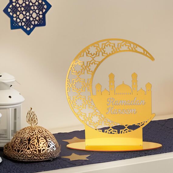 COLOFALLA Ramadan Tischdeko Eid Mubarak Tischdeko Gold Schild Mond Ramadan Deko Tisch Ramadan Aufsteller Mond Moschee für Eid Islamische Party