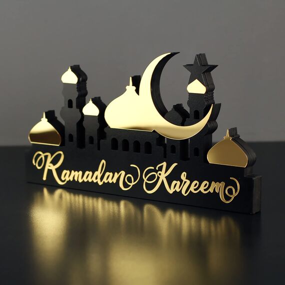 iwa concept Islamische Tischdekorationen aus Holz mit Acryl, Ramadan-Kareem-und Eid-Mubarak-Dekoration, islamisch muslimische Geschenke, Ramadan Kareem-5, Gold