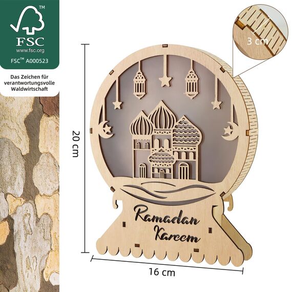 Giftota Ramadan Deko Lampe, Ramadan Dekoration aus Holz, 3D Mond Stern Eid Mubarak Dekoration, Islam Deko, Ramadan Mubarak Dekoration Geschenke
