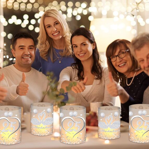 12 Windlicht Tischdeko Silberhochzeit, Silberhochzeit Deko Tisch, 25. Hochzeitstag Geschenk, 25 Jahre Silberhochzeit Geschenkideen, Deko zur Silberhochzeit, Geeignet für Teelichter oder Kerzen