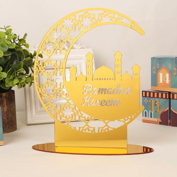 COLOFALLA Ramadan Tischdeko Eid Mubarak Tischdeko Gold Schild Mond Ramadan Deko Tisch Ramadan Aufsteller Mond Moschee für Eid Islamische Party