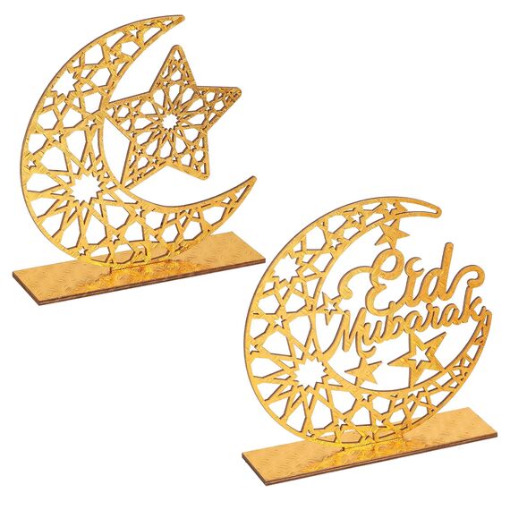 2 Stück Holz Eid Mubarak Ramadan Kareem Dekorationen Eid Tisch Zeichen Mond Hohle Stern Freistehend Tisch Centerpiece Hängende Ornamente Tischdekoration für Muslim Islam Tischdekoration