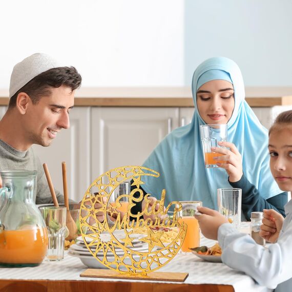 2 Stück Holz Eid Mubarak Ramadan Kareem Dekorationen Eid Tisch Zeichen Mond Hohle Stern Freistehend Tisch Centerpiece Hängende Ornamente Tischdekoration für Muslim Islam Tischdekoration