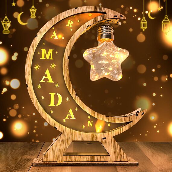 Hekasvm Ramadan Deko Laternen, Ramadan LED Holz Lampe, Ramadan Dekoration Lichter, Muslim Islam Eid Ramadan Festival Dekorationen Halbmond Nachtlicht Für Partys, Zu Hause Und Als Geschenk (Halbmond)