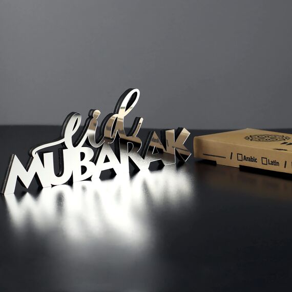 iwa concept Islamische Tischdekorationen aus Holz mit Acryl, Ramadan-Kareem-und Eid-Mubarak-Dekoration, islamisch muslimische Geschenke, Eid Mubarak-6, Silber