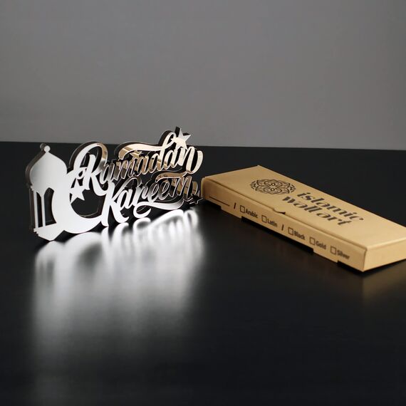 iwa concept Islamische Tischdekorationen aus Holz und Acryl, Ramadan-Kareem- und Eid-Mubarak-Dekoration, islamische muslimische Geschenke, Ramadan-Eid-Dekoration, (Ramadan Kareem-4, Silber)