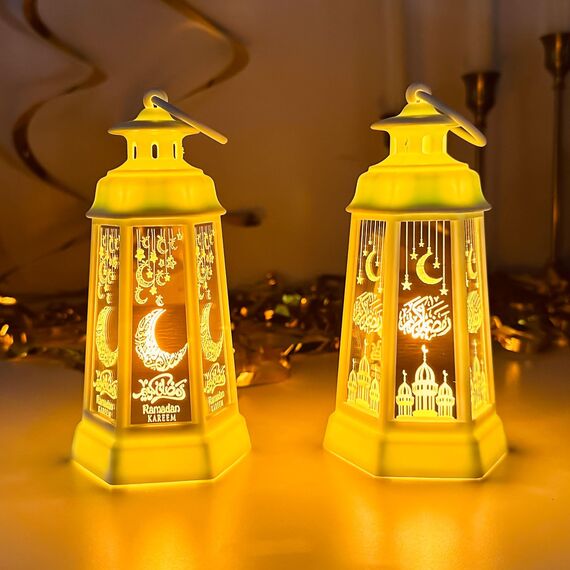 Ramadan Laterne 2 Stück Ramadan Laterne mit Warmweiß LED-Licht Ramadan Mubarak Dekoration, Mondschloss Laterne, Eid Mubarak Laterne, Ramadan Tischdekoration für Muslimische Festivals, Dekoration (Weiß