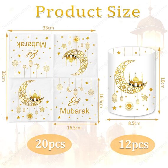 20 Stück Ramadan Servietten + 12 Stück Windlicht Tischdeko, Ramadan Deko Tisch Set Gold, Eid Umrah Hajj Mubarak Dekoration, Bayram Islam Deko Kinder Stern Mond Zubehör, Islamische Ramadan Geschenke