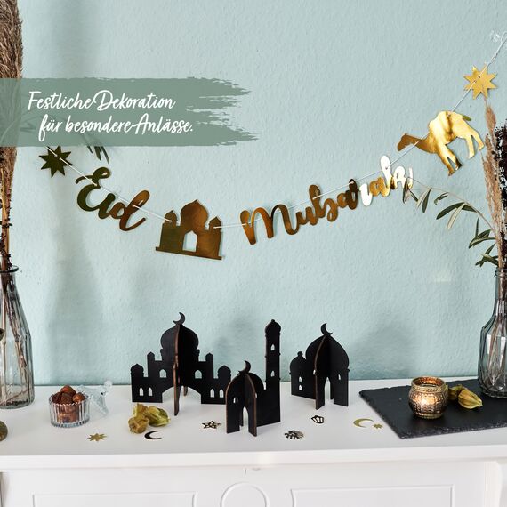 Papierdrachen 3 Verschiedene Holz Moscheen zum Stecken - Ramadan Dekoration - Leichter Aufbau - Tischdekoration Eid Mubarak - schwarz - wiederverwendbar -