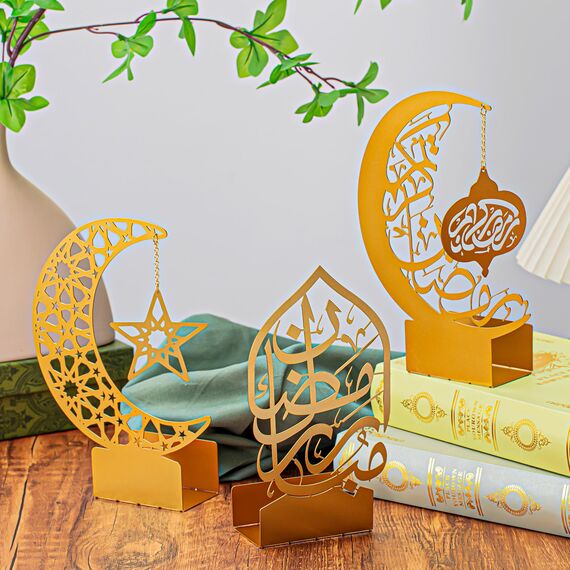 Photect 3 Stück Eid al-Adha Metall Ramadan Tisch Deko Gold Eid Mubarak Tischdekoration Stern Mond Islamische Tischschilder Esstisch Ornamente Teelichthalter für Tafelaufsatz Deko Party Geschenk