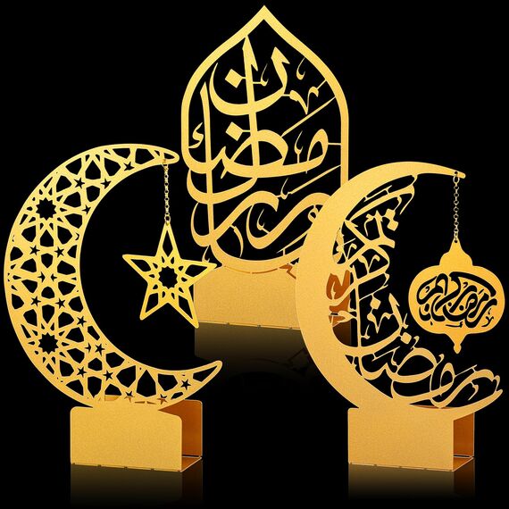 Photect 3 Stück Eid al-Adha Metall Ramadan Tisch Deko Gold Eid Mubarak Tischdekoration Stern Mond Islamische Tischschilder Esstisch Ornamente Teelichthalter für Tafelaufsatz Deko Party Geschenk