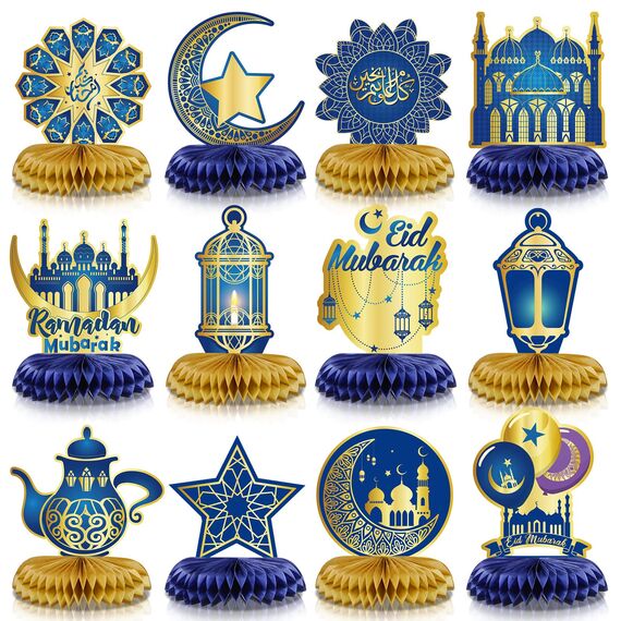 12 Stück Ramadan Mubarak Dekoration Eid Waben Mittelstücke Dekor Blau Golden Bienenwabe Mittelstücke Mond Stern Laterne Tisch Toppers für Eid Al Fitr Muslimisch Islamisch Feiertag Party