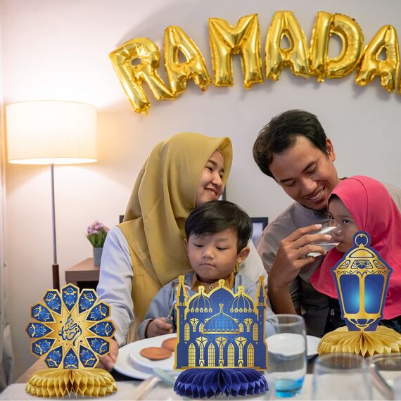 12 Stück Ramadan Mubarak Dekoration Eid Waben Mittelstücke Dekor Blau Golden Bienenwabe Mittelstücke Mond Stern Laterne Tisch Toppers für Eid Al Fitr Muslimisch Islamisch Feiertag Party
