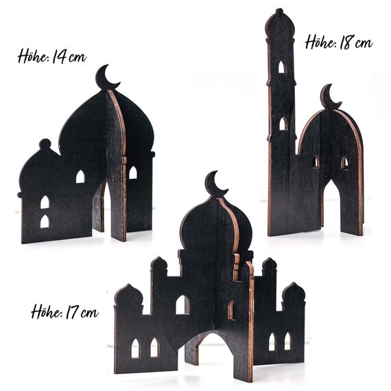 Papierdrachen 3 Verschiedene Holz Moscheen zum Stecken - Ramadan Dekoration - Leichter Aufbau - Tischdekoration Eid Mubarak - schwarz - wiederverwendbar -