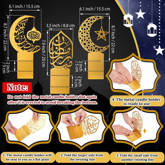 Photect 3 Stück Eid al-Adha Metall Ramadan Tisch Deko Gold Eid Mubarak Tischdekoration Stern Mond Islamische Tischschilder Esstisch Ornamente Teelichthalter für Tafelaufsatz Deko Party Geschenk