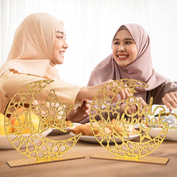 2 Stück Holz Eid Mubarak Ramadan Kareem Dekorationen Eid Tisch Zeichen Mond Hohle Stern Freistehend Tisch Centerpiece Hängende Ornamente Tischdekoration für Muslim Islam Tischdekoration