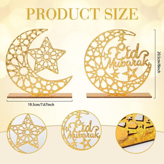 2 Stück Holz Eid Mubarak Ramadan Kareem Dekorationen Eid Tisch Zeichen Mond Hohle Stern Freistehend Tisch Centerpiece Hängende Ornamente Tischdekoration für Muslim Islam Tischdekoration