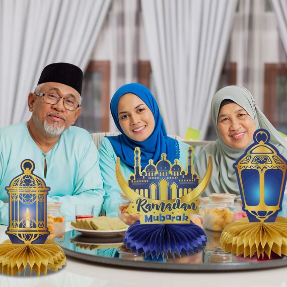 12 Stück Ramadan Mubarak Dekoration Eid Waben Mittelstücke Dekor Blau Golden Bienenwabe Mittelstücke Mond Stern Laterne Tisch Toppers für Eid Al Fitr Muslimisch Islamisch Feiertag Party