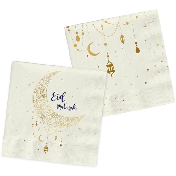 Eid Mubarak Ramadan Dekoration - Servietten Gold Weiß 33x33 cm 20 Stück - Eid Deko Stern Mond Zubehör Ramadan
