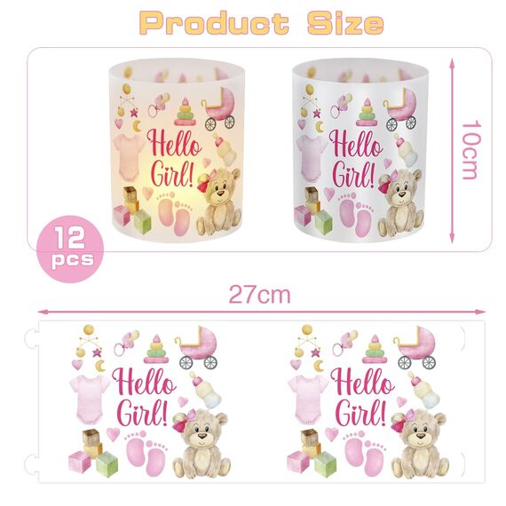 12 Windlicht Tischdeko Hello Girl, Hello Girl Tisch Deko, Rosa Süßer Bär Windlichter Tischdeko, Tisch Dekoration für Mädchen Geburt Babyparty Geburtstag, Fußabdruck Windlicht für Teelichter Kerzen