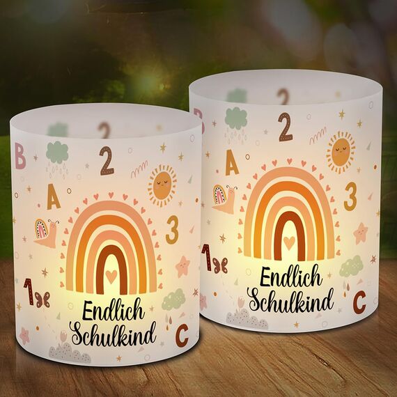 12 Windlicht Tischdeko Einschulung Mädchen, Endlich Schulkind 2024 Tisch Deko, Windlichter Tischdeko Schulanfang mit ABC, Boho Regenbogen Erster Schultag Deko, Geeignet für Teelichter oder Kerzen