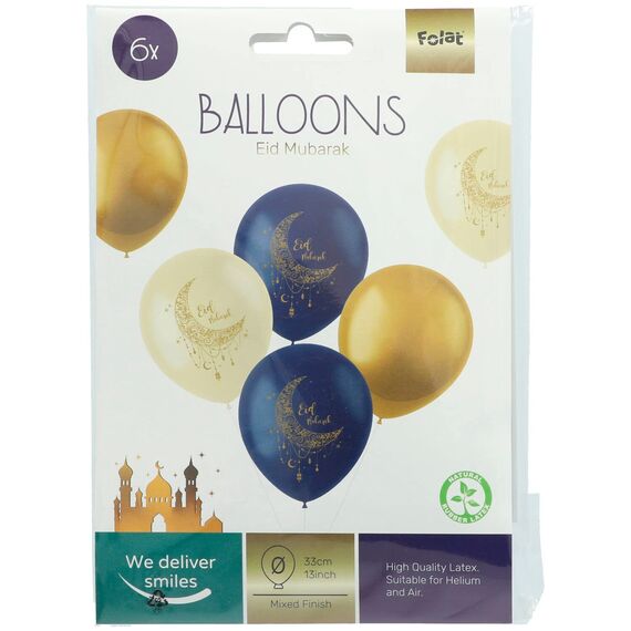 Eid Mubarak Ramadan Dekoration - Ballons Gold Weiß Blau 33 cm 6 Stück - Eid Deko Stern Mond Zubehör Ramadan
