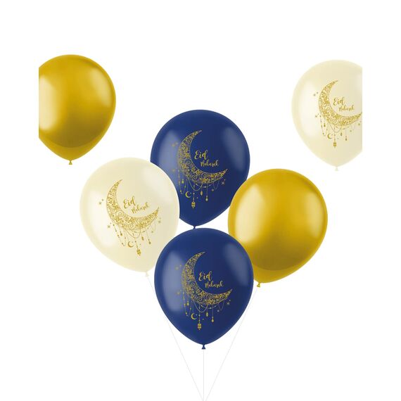 Eid Mubarak Ramadan Dekoration - Ballons Gold Weiß Blau 33 cm 6 Stück - Eid Deko Stern Mond Zubehör Ramadan