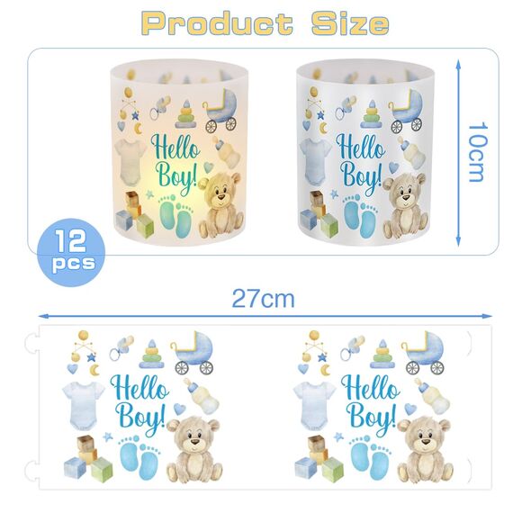 12 Windlicht Tischdeko Hello Boy, Hello Boy Tisch Deko, Blau Süßer Bär Windlichter Tischdeko, Tisch Dekoration für Junge Geburt Babyparty Geburtstag, Fußabdruck Windlicht für Teelichter Kerzen