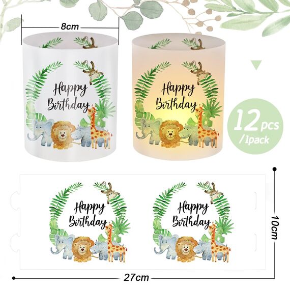 12 Windlicht Tischdeko Geburtstag, Happy Birthday Tisch Deko, Grün Waldtiere Windlichter Tischdeko, Dschungel Geburtstagsdeko 1 Jahr, Safari Windlicht Geeignet für Junge Mädchen Geburtstag Party