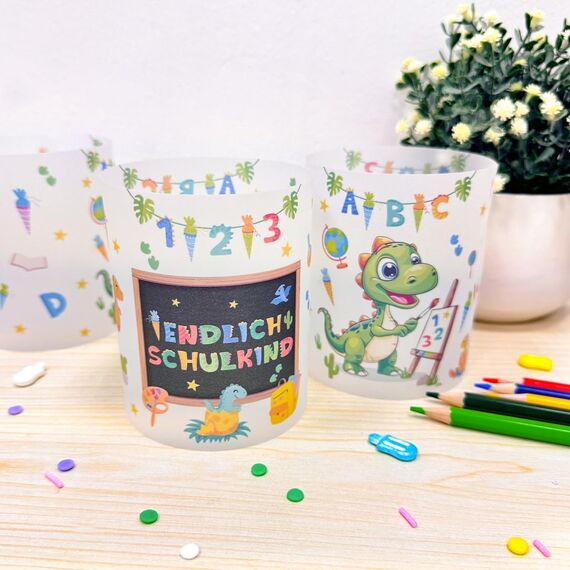12 Windlicht Tischdeko Einschulung Junge, Endlich Schulkind 2025 Deko, Schuleinführung Einschulungsdeko mit Motiv Dino ABC, Tisch Deko Schulanfang Jungen, Geeignet für Teelichter oder Kerzen